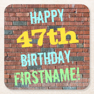 Brick Wall Graffiti Inspired 47th Birthday + Name Square Paper Coaster