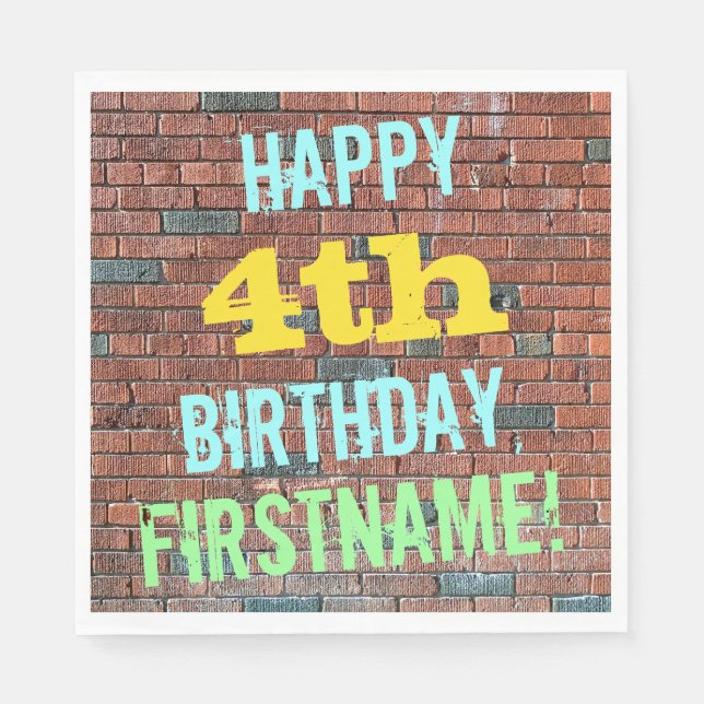 Brick Wall Graffiti Inspired 4th Birthday + Name Paper Napkins (Front)