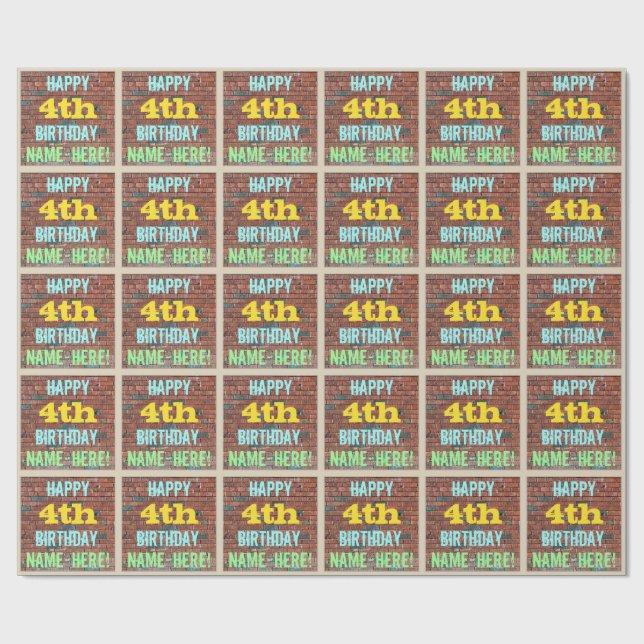 Brick Wall Graffiti Inspired 4th Birthday + Name Wrapping Paper (Flat)