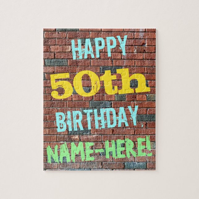 Brick Wall Graffiti Inspired 50th Birthday + Name Jigsaw Puzzle (Vertical)