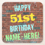 [ Thumbnail: Brick Wall Graffiti Inspired 51st Birthday + Name Paper Coaster ]