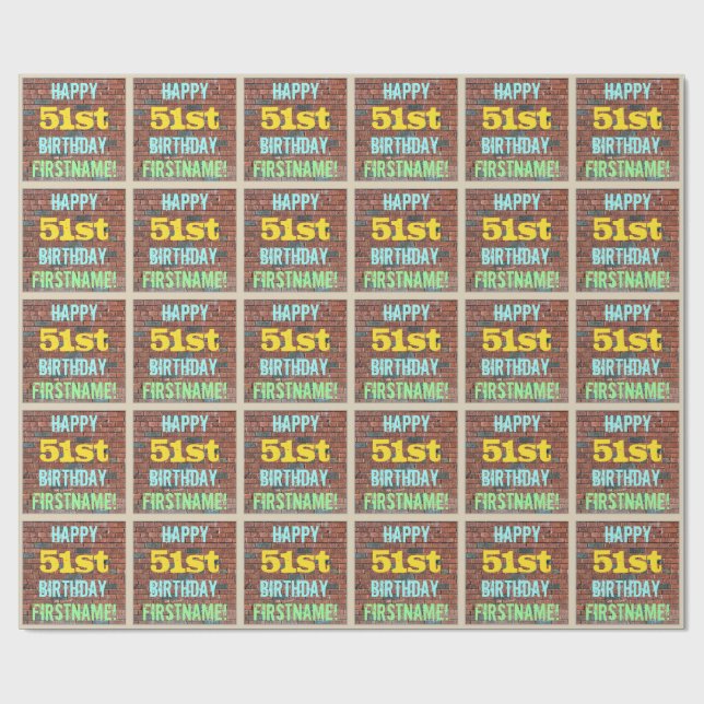 Brick Wall Graffiti Inspired 51st Birthday + Name Wrapping Paper (Flat)