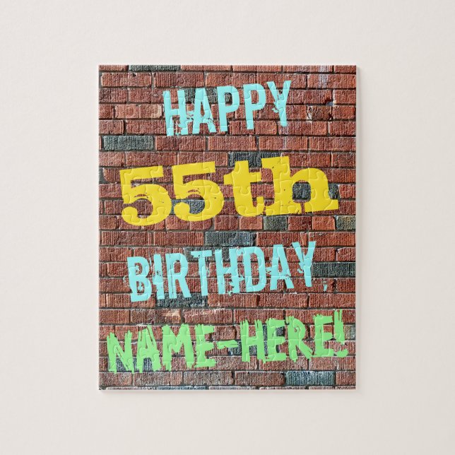 Brick Wall Graffiti Inspired 55th Birthday + Name Jigsaw Puzzle (Vertical)