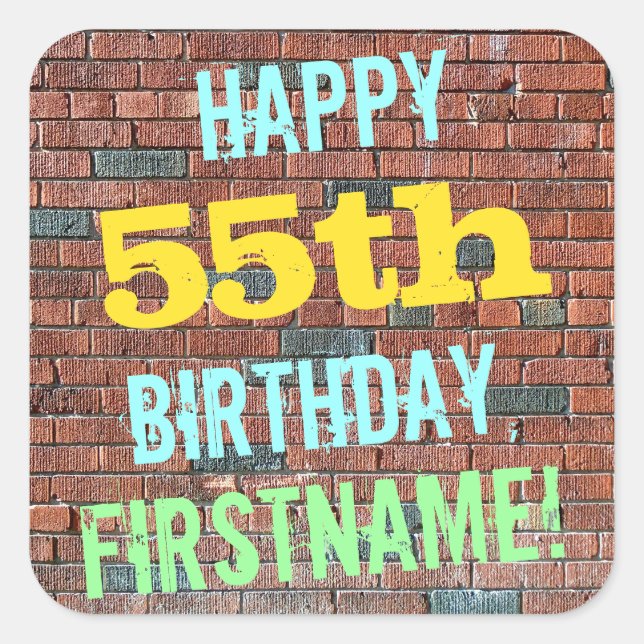 Brick Wall Graffiti Inspired 55th Birthday + Name Square Sticker (Front)