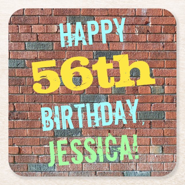 Brick Wall Graffiti Inspired 56th Birthday + Name Square Paper Coaster (Front)