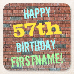 Brick Wall Graffiti Inspired 57th Birthday + Name Square Paper Coaster