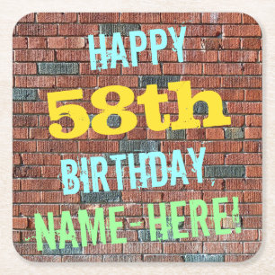 Brick Wall Graffiti Inspired 58th Birthday + Name Square Paper Coaster