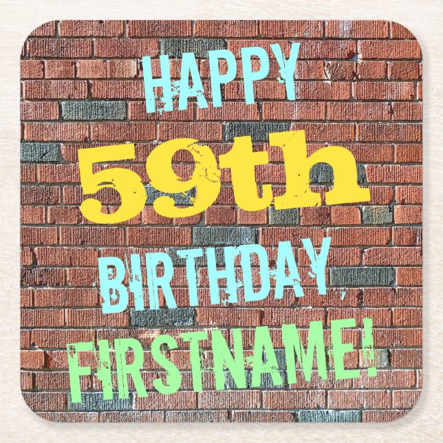Brick Wall Graffiti Inspired 59th Birthday + Name Square Paper Coaster (Front)
