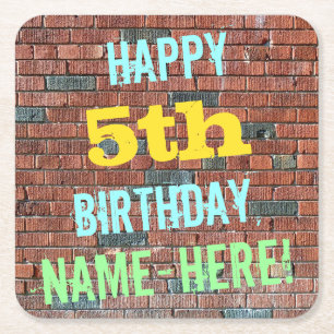 Brick Wall Graffiti Inspired 5th Birthday + Name Square Paper Coaster
