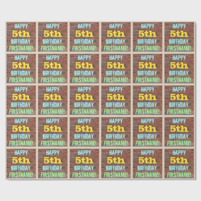 Brick Wall Graffiti Inspired 5th Birthday + Name Wrapping Paper (Flat)