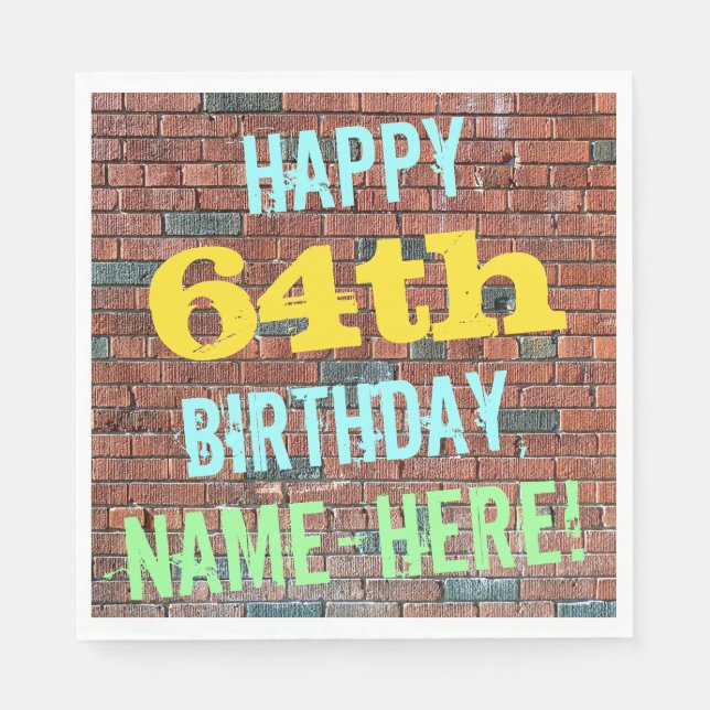 Brick Wall Graffiti Inspired 64th Birthday + Name Napkins (Front)