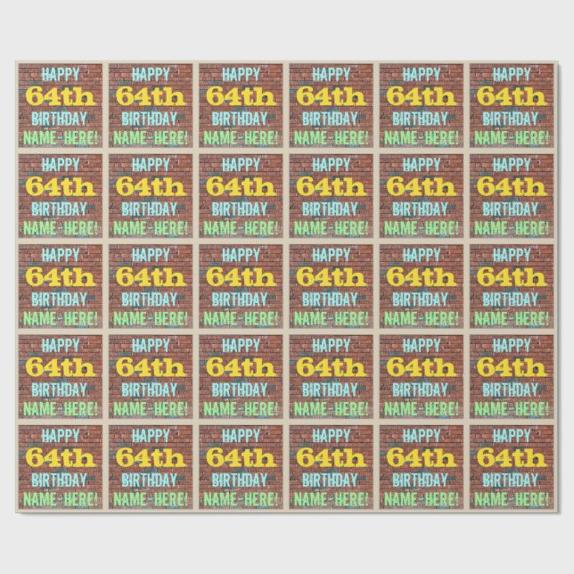 Brick Wall Graffiti Inspired 64th Birthday + Name Wrapping Paper (Flat)