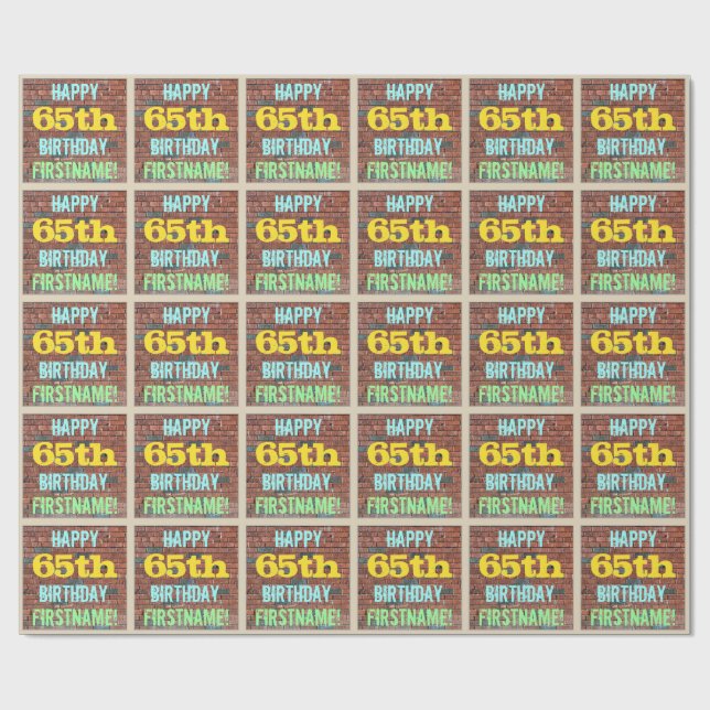 Brick Wall Graffiti Inspired 65th Birthday + Name Wrapping Paper (Flat)