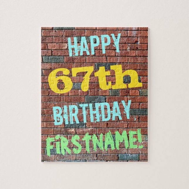 Brick Wall Graffiti Inspired 67th Birthday + Name Jigsaw Puzzle (Vertical)