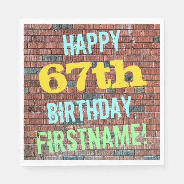 Brick Wall Graffiti Inspired 67th Birthday + Name Paper Napkins (Front)