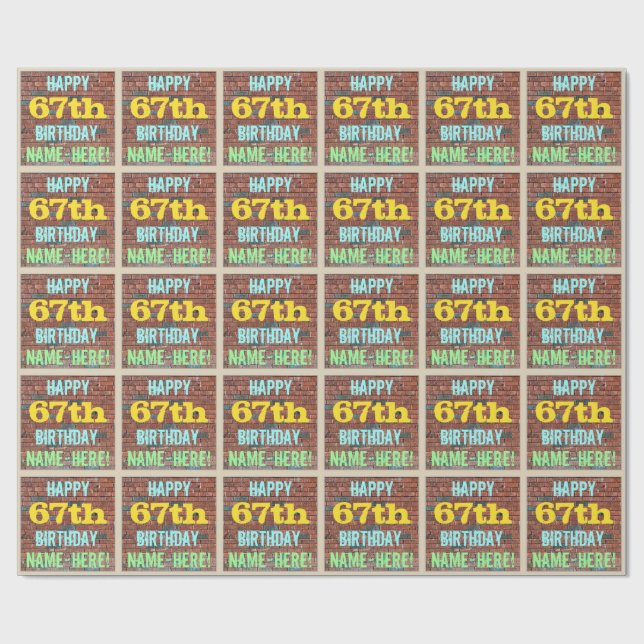 Brick Wall Graffiti Inspired 67th Birthday + Name Wrapping Paper (Flat)