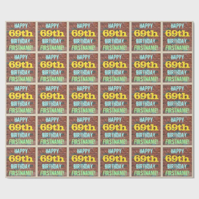 Brick Wall Graffiti Inspired 69th Birthday + Name Wrapping Paper (Flat)
