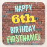 [ Thumbnail: Brick Wall Graffiti Inspired 6th Birthday + Name Paper Coaster ]
