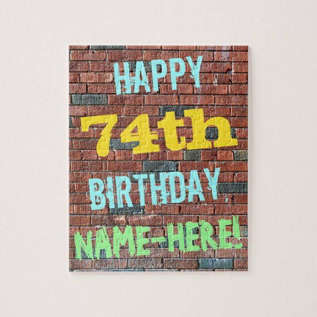 Brick Wall Graffiti Inspired 74th Birthday + Name Jigsaw Puzzle (Vertical)