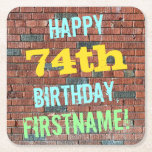 [ Thumbnail: Brick Wall Graffiti Inspired 74th Birthday + Name Paper Coaster ]
