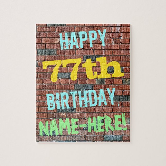 Brick Wall Graffiti Inspired 77th Birthday + Name Jigsaw Puzzle (Vertical)