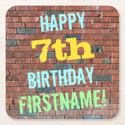 Brick Wall Graffiti Inspired 7th Birthday  Name Square Paper Coaster