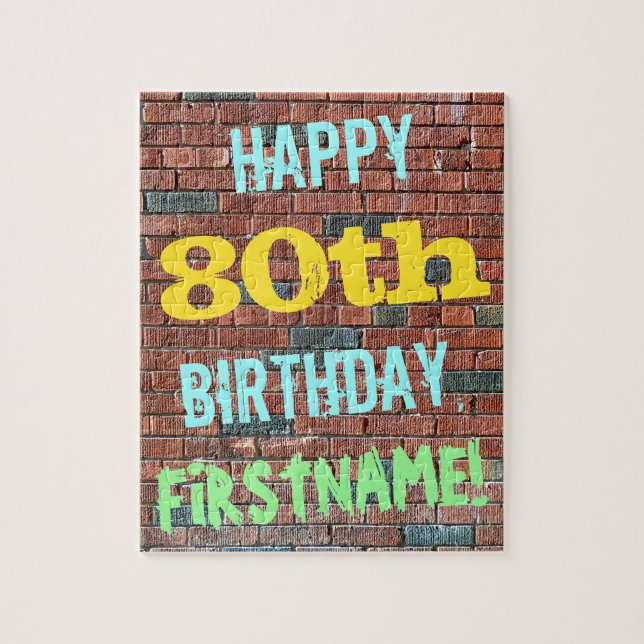 Brick Wall Graffiti Inspired 80th Birthday + Name Jigsaw Puzzle (Vertical)