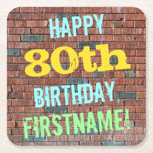 Brick Wall Graffiti Inspired 80th Birthday + Name Square Paper Coaster
