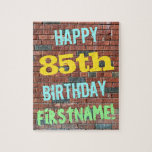 [ Thumbnail: Brick Wall Graffiti Inspired 85th Birthday + Name Jigsaw Puzzle ]