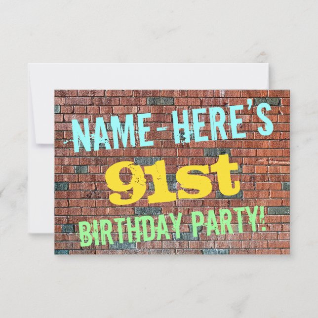 Brick Wall Graffiti Inspired 91st Birthday + Name Invitation (Front)
