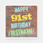 [ Thumbnail: Brick Wall Graffiti Inspired 91st Birthday + Name Paper Napkin ]