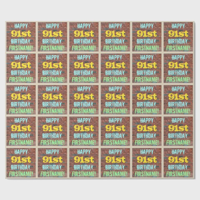 Brick Wall Graffiti Inspired 91st Birthday + Name Wrapping Paper (Flat)