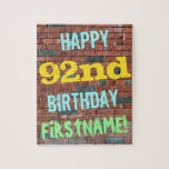 [ Thumbnail: Brick Wall Graffiti Inspired 92nd Birthday + Name Jigsaw Puzzle ]
