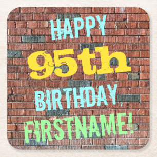 Brick Wall Graffiti Inspired 95th Birthday + Name Square Paper Coaster