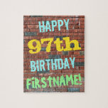 [ Thumbnail: Brick Wall Graffiti Inspired 97th Birthday + Name Jigsaw Puzzle ]
