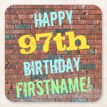 [ Thumbnail: Brick Wall Graffiti Inspired 97th Birthday + Name Paper Coaster ]