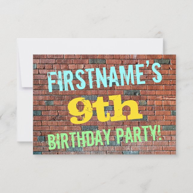 Brick Wall Graffiti Inspired 9th Birthday + Name Invitation (Front)