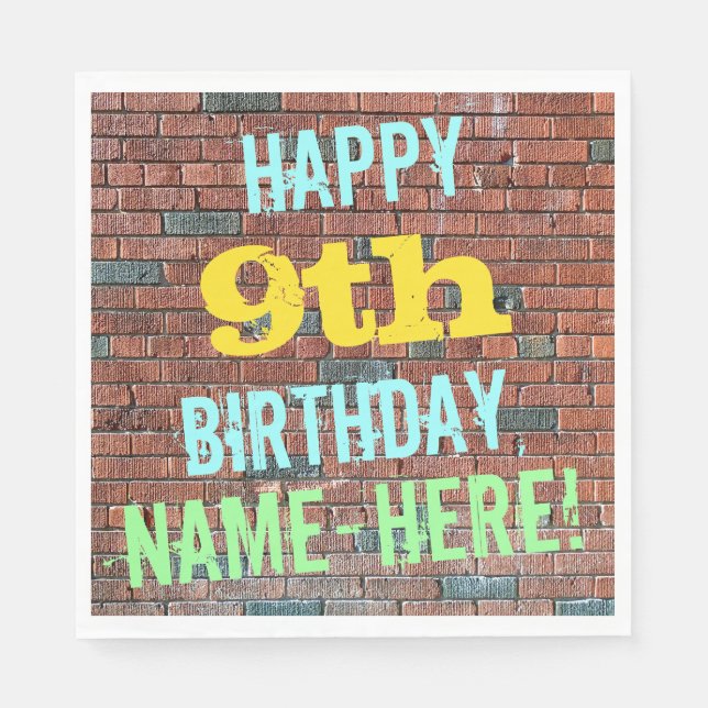 Brick Wall Graffiti Inspired 9th Birthday + Name Paper Napkins (Front)