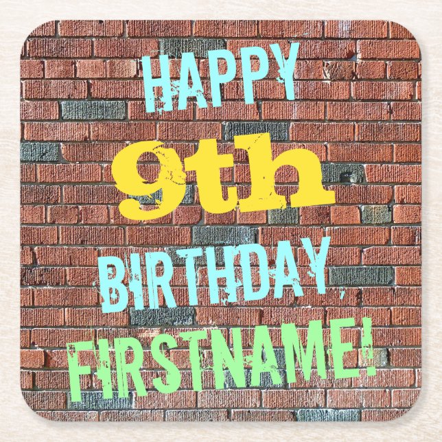 Brick Wall Graffiti Inspired 9th Birthday + Name Square Paper Coaster (Front)