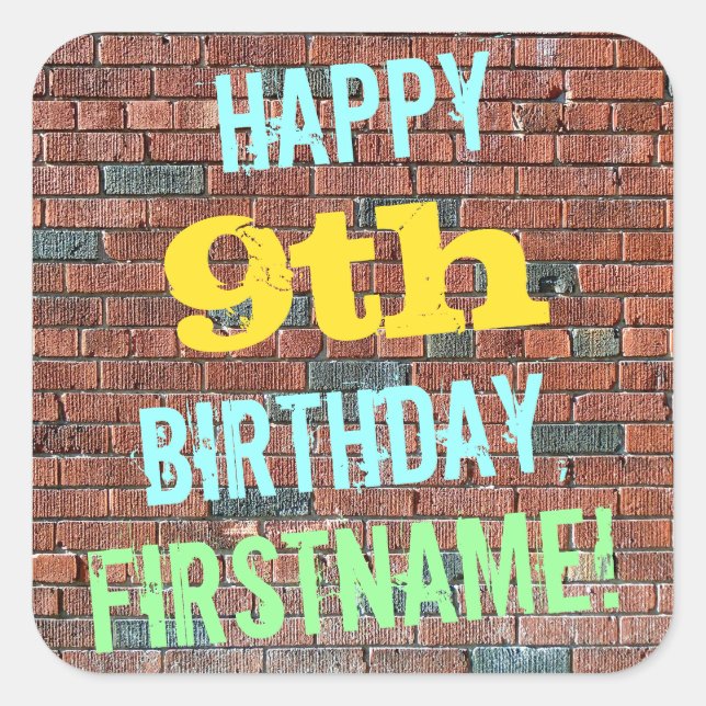 Brick Wall Graffiti Inspired 9th Birthday + Name Square Sticker (Front)
