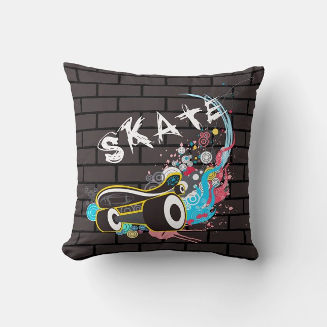 Brick Wall Skate Graffiti Logo With Board Throw Pillow (Front)