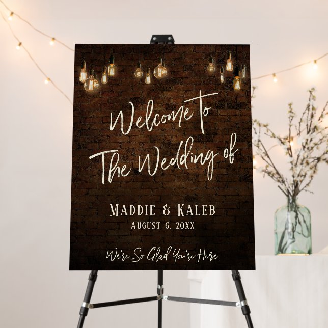 Brick Wall w/ Edison Lights Wedding Welcome Sign (In Situ (Stand))