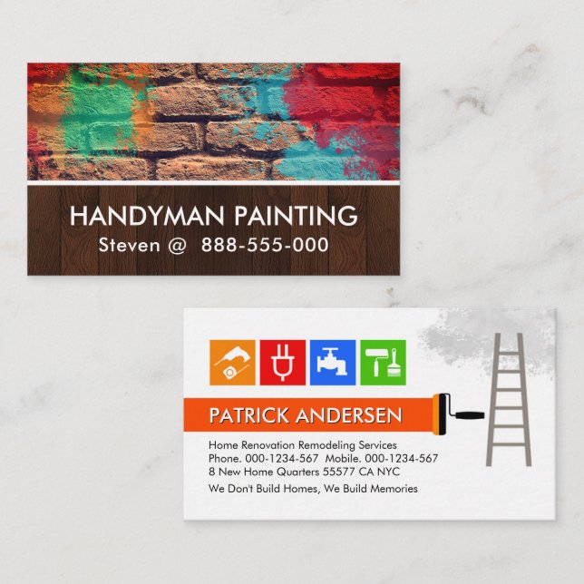 Brick Wall Wood Layer Paint Splatter Business Card (Front/Back)