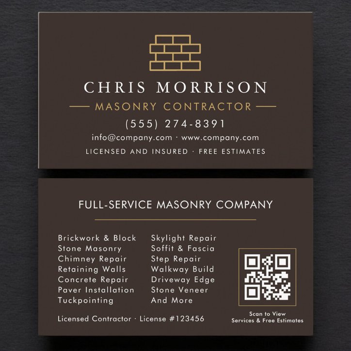 Bricklayer Brick Masonry QR Code Contractor Business Card