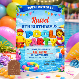 Bricks Colorful Pool Birthday Party Invitation