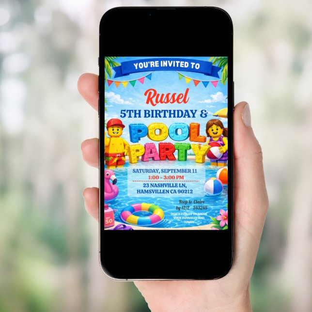 Bricks Colorful Pool Birthday Party Invitation (Front Digital)