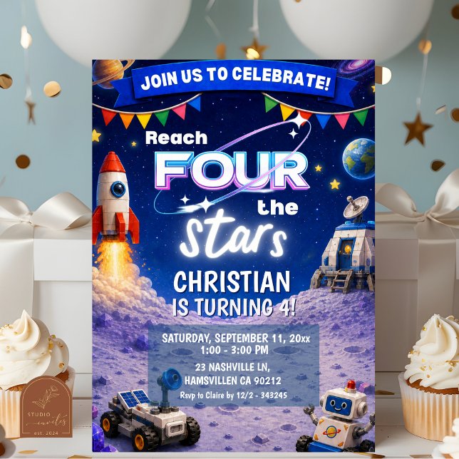Bricks Reach FOUR the stars space birthday Invitation (Creator Uploaded)