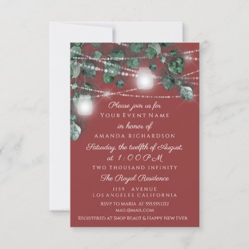 Bridal 16th Lights Jars Rustic Smoky Green Bean Invitation