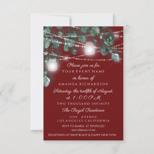 Bridal 16th Lights Jars Rustic Smoky Green Burgund Invitation