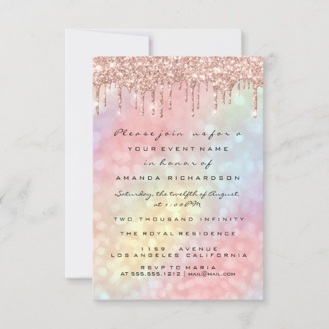 Bridal 16th Rose Gold Wedding Holographic Drips Invitation (Front)